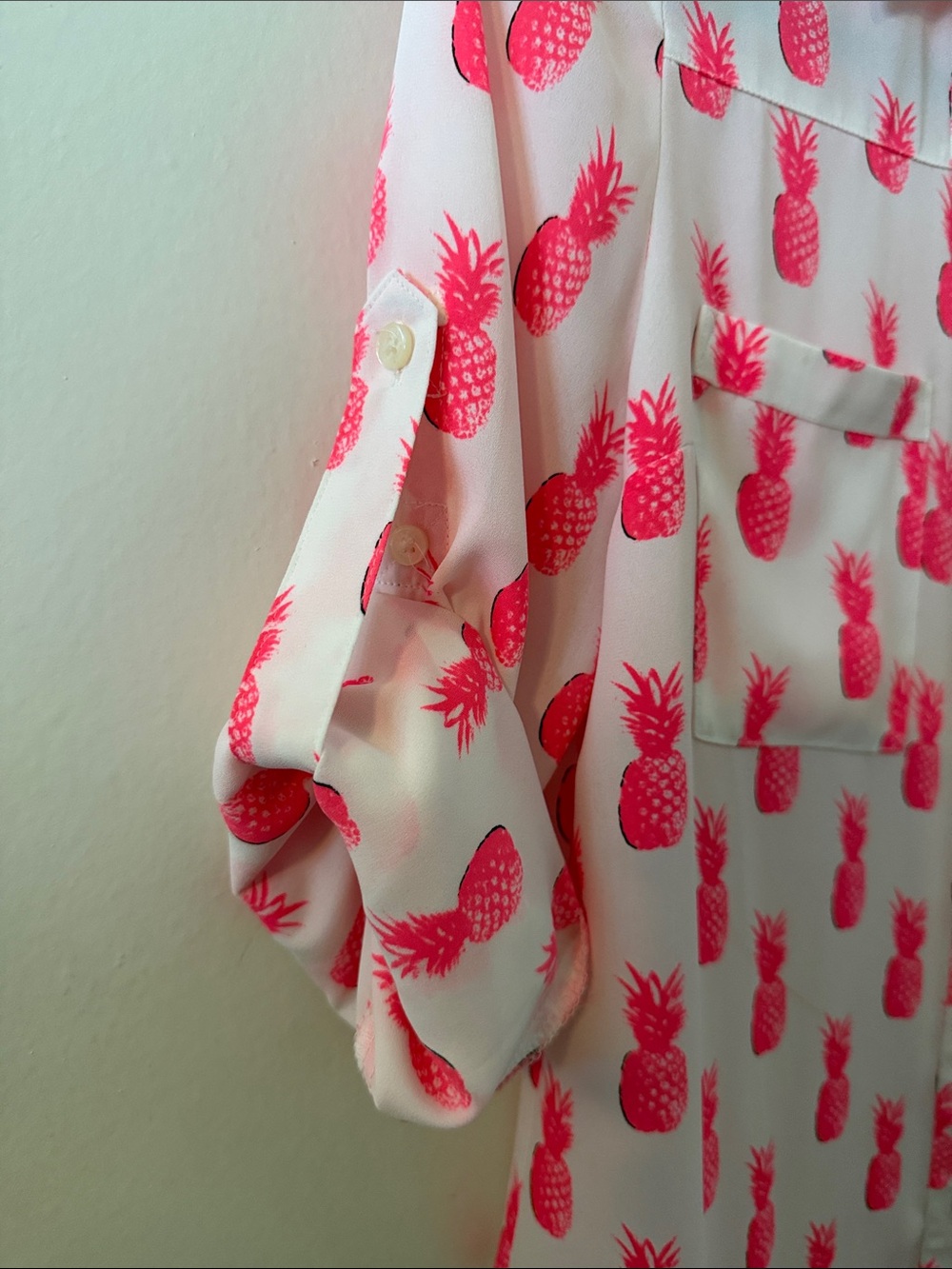 Express Sheer Pineapple Print Blouse - Hot Pink on White - Picture 5 of 6